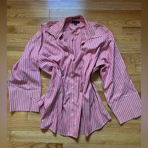 Lands' End Pink and White Striped button up collared Oxford shirt